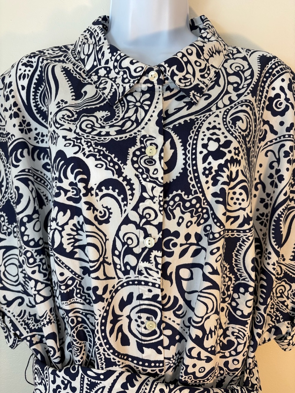 Talbots Plus 24W Cotton Shirt Dress NWT Navy Paisley Button Front Belted - Picture 3 of 7